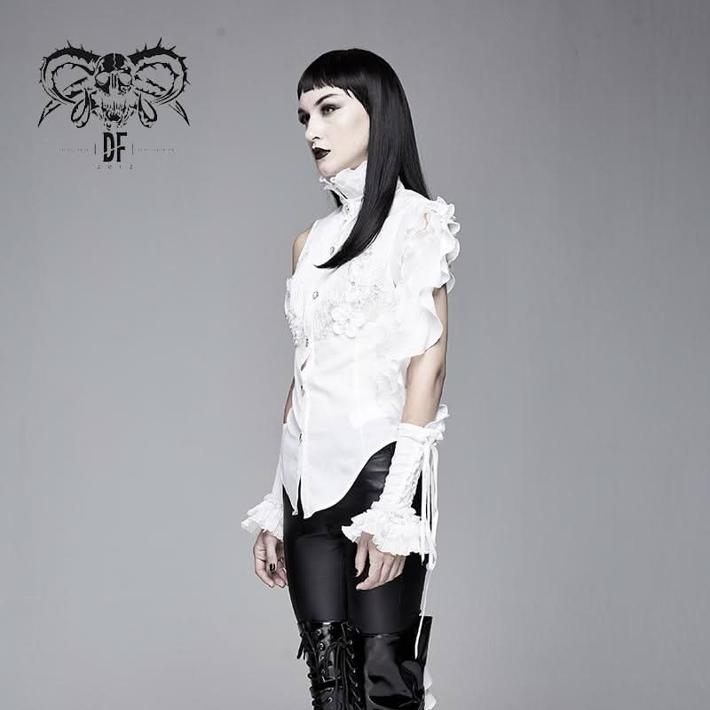 Summer Gothic White Women Ruffled Lace Sleeves Swallowtail High Collar Blouse