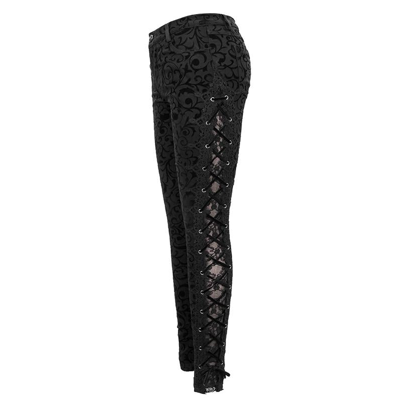 Gothic Flocking Patterned Laced Up Asymmetrical Side Women Pants