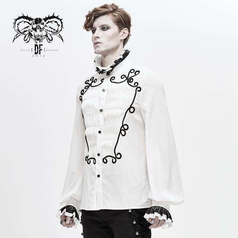 Hand Embroidered Coffin Shape Gothic Flower Braid High Collar Men Chiffon Shirt