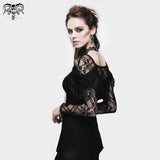 Gothic Small Rose Lace Long Sleeves Modal Mature Women T Shirt With Back Cowls