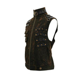Brown Steampunk High Collar Lace Up Back Zipper Up Men Waistcoat With Pockets
