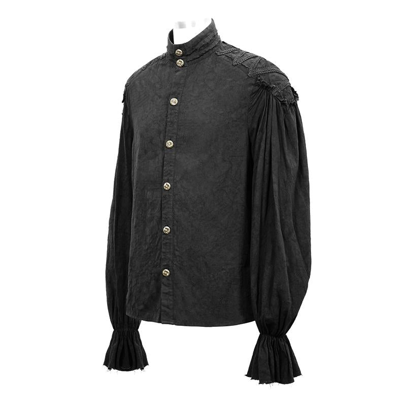 Steampunk Puff Sleeve Dark Grain Jacquard Cotton And Linen Men Black Shirts
