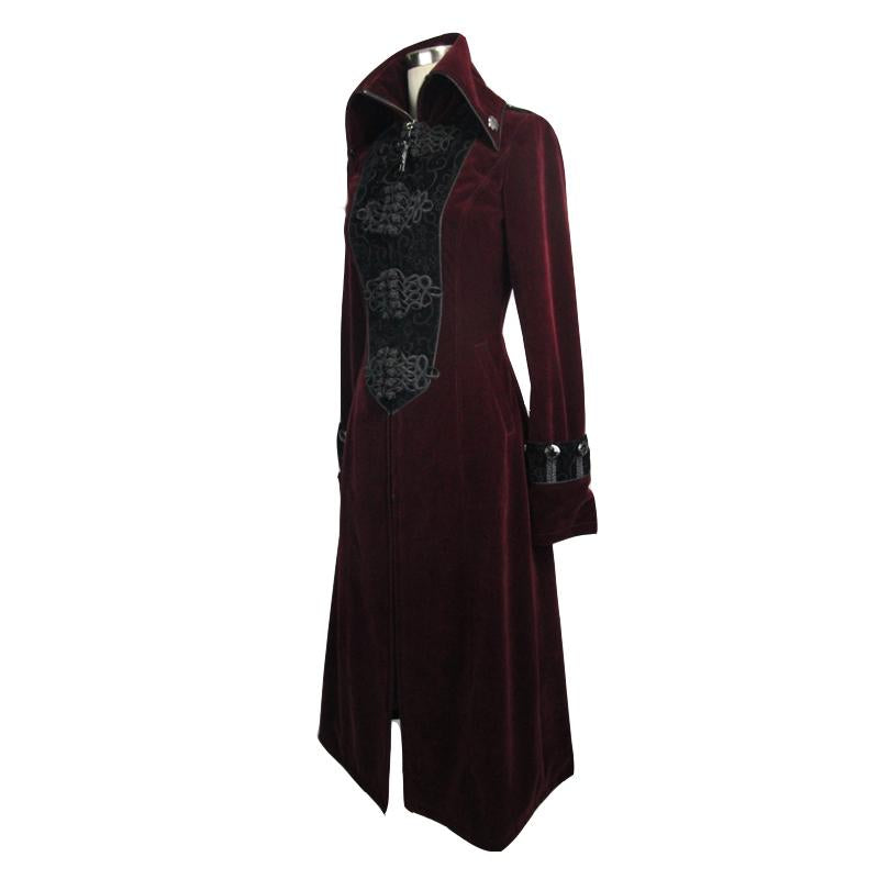 Gothic Black And Red Patchwork Winter Velveteen Women Long Coat