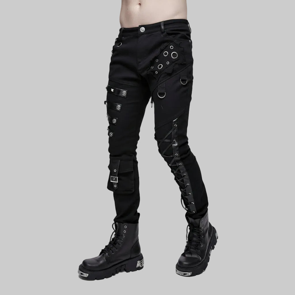 Punk Heavy Metal Lace Up Leg Torn Men Trousers With Loops
