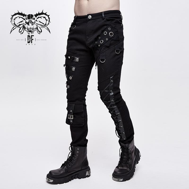 Punk Heavy Metal Lace Up Leg Torn Men Trousers With Loops