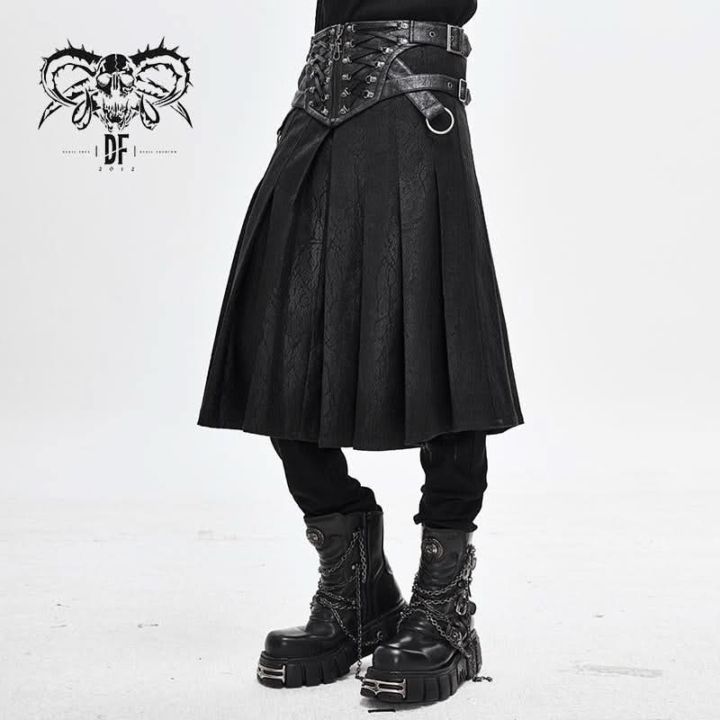 Punk Metallic Mist Textured Leather Waistband Dark Grain Pleated Men Kilts