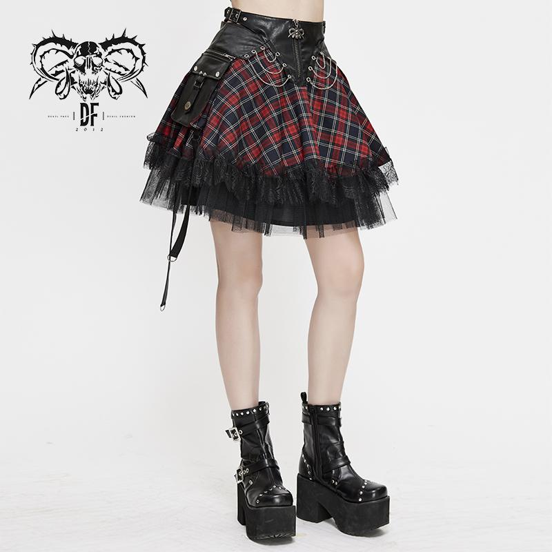Daily Black And Red Young Girls Punk Lace Up Scottish Plaid Tartan Skirts With Bag