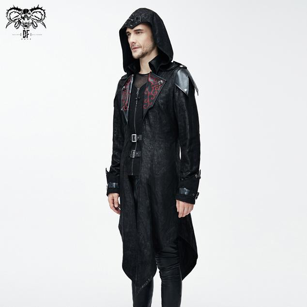 Movie Actor False Two Pieces Black Hooded Leather Long Coats For Men