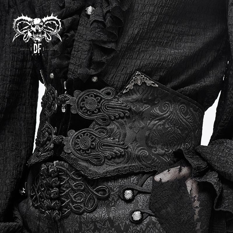 Men Embroidery Chinese Frog Lace Up Black Gothic Jacquard Belts With Zipper