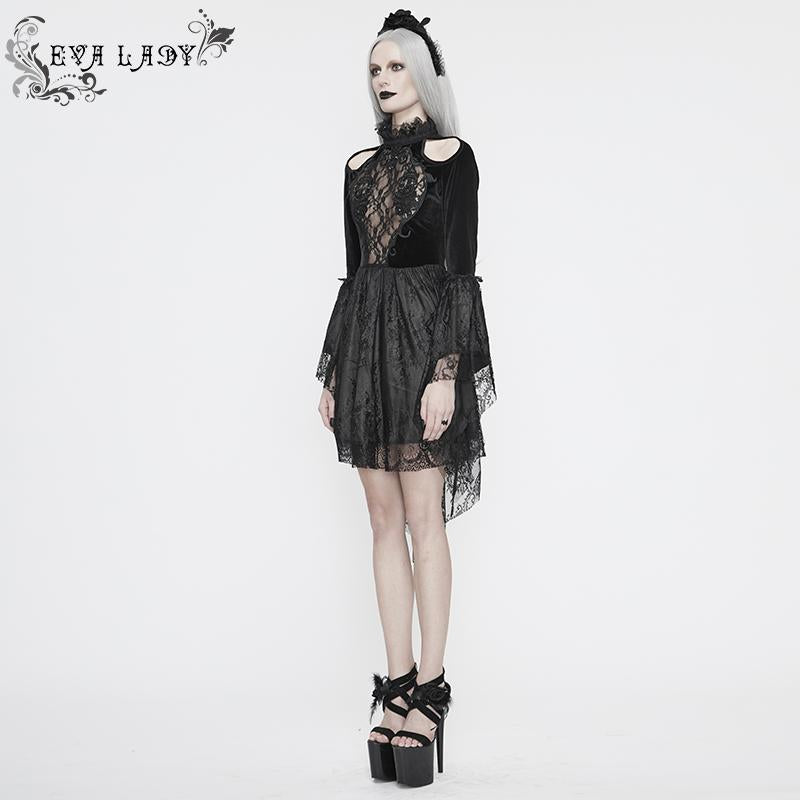 Eva Lady Black Gothic Long Trumpet Sleeves Sexy Velvet Dress