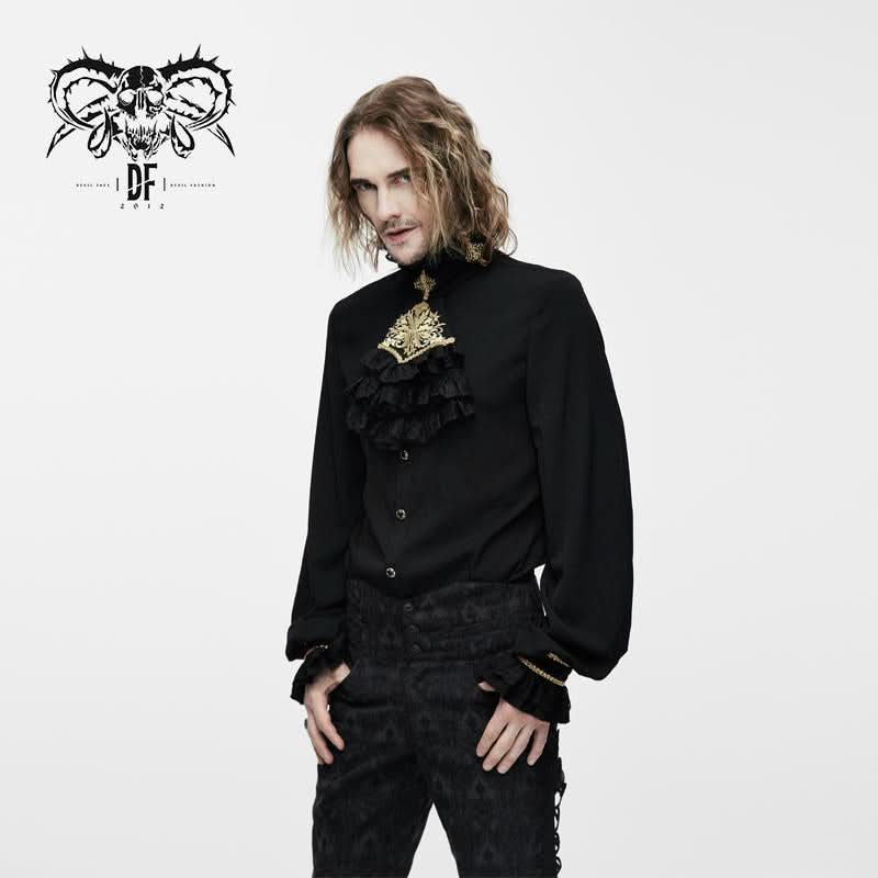 Men Gothic Black And Gold Embroidered Lace Sleeves Bow Tie Chiffon Shirts