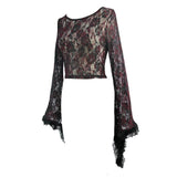 Daily Wine Flocking Pattern Rose Mesh Horn Sleeves Sexy Women Stretchy Lace Short Tops