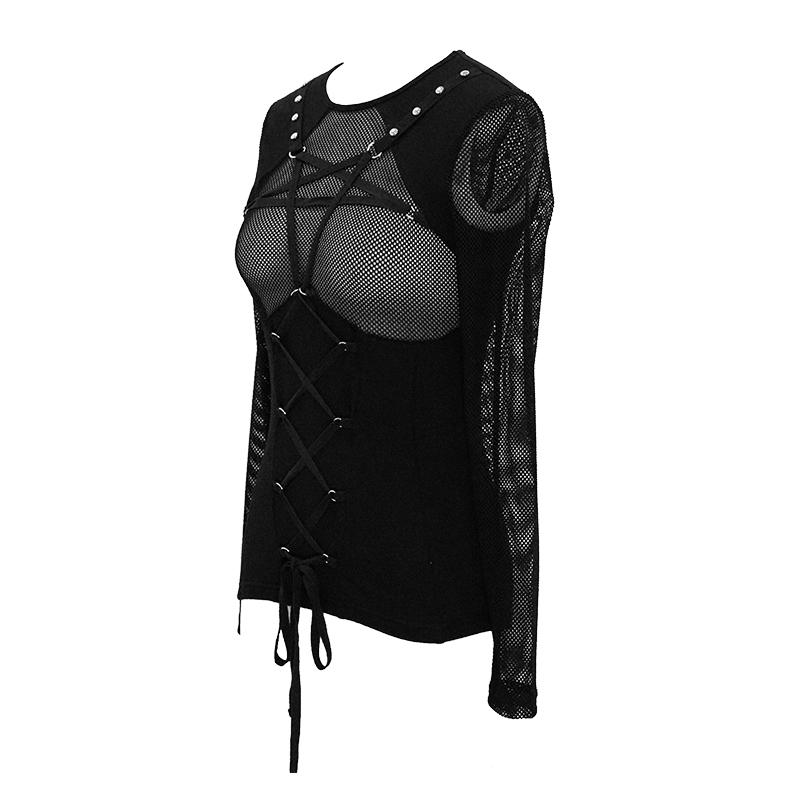Perspective Pentagram Chest Black Mesh Punk Women T Shirt With Ribbons
