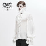 Gothic Lace Cuff High Collar Pleated Chiffon White Men Shirts With Flounces Necktie