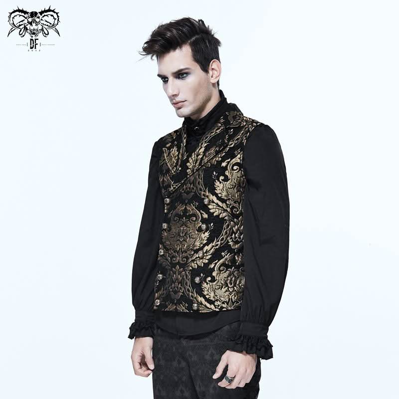 Gothic Fancy Costume Western Style Black And Gold Palace Big Flower Men Short Vest