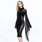 Gothic Cross Shape Stand Collar Flared Sleeves Sexy Ladies Stretchy Middle Length Velvet Dress