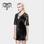 Daily Lace Raglan Sleeves Rose Mesh Flocking Sexy Women Deep V Velvet Dress With Lotus Leaf