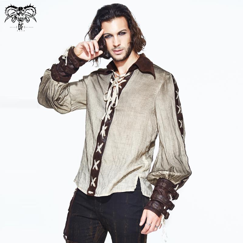 Stylish Brown Steampunk Vintage Printed Lace Up Men Shirts With Loops