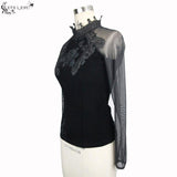 Rose Embossed Small Stand Collar Lace Sleeves Velvet Sexy Women T Shirt