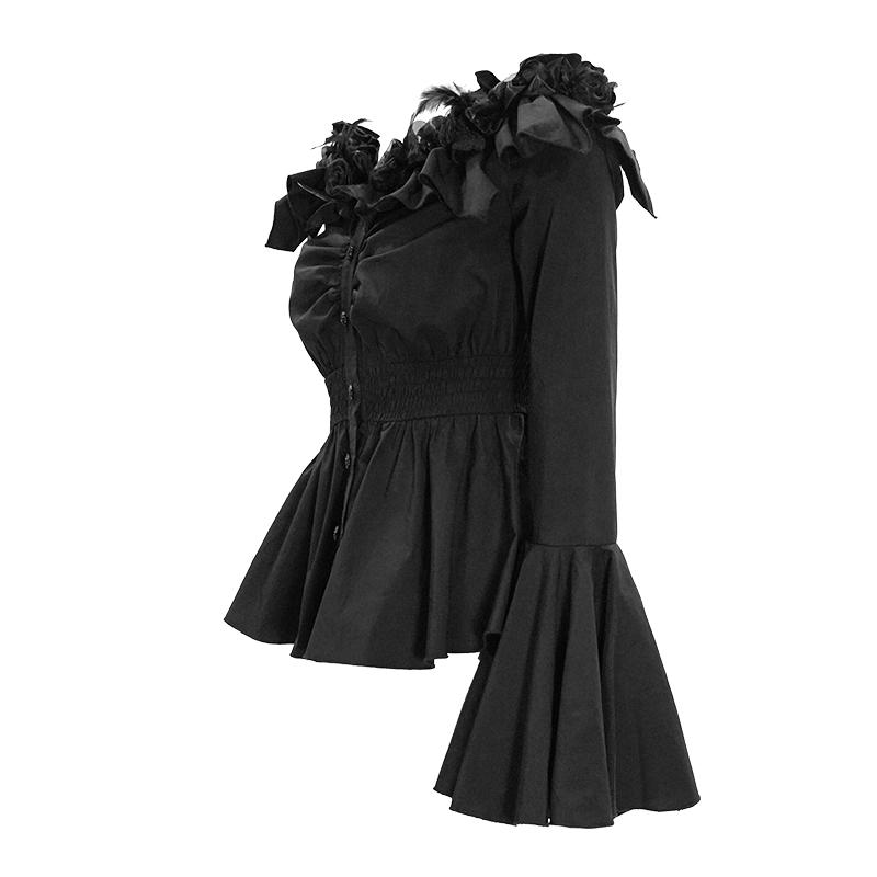 Horizontal Neck Elastic Rubber Waist Stretchy Women Black Shirts With Rose Flower