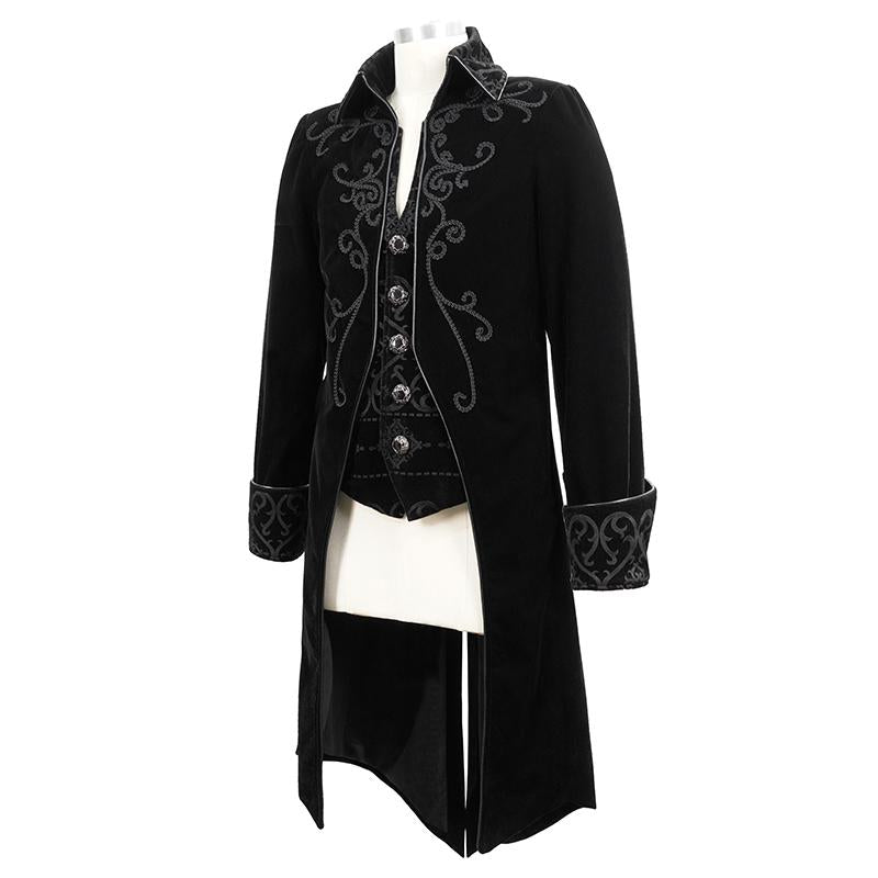 Men Black Gothic Hand Embroidered Fake Two Pieces Velvet Coats