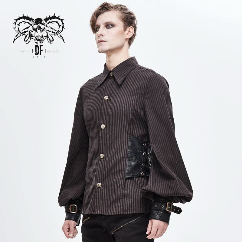 Western Fashion Autumn Steampunk Brown Striped Shirts With Fake Belt