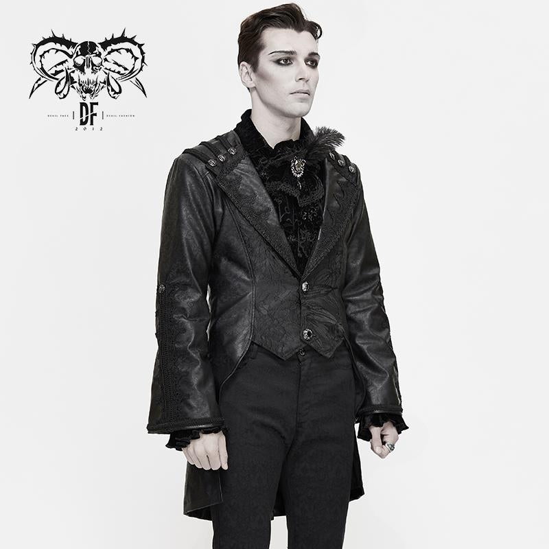 Gothic Patterned Wide Sleeves Men Darkness Grain Fitted Leather Coat