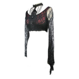 Summer Black And Red Sexy Women Lace Sleeve Ultrashort Halter T Shirt With Bead Chains