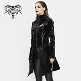 Cyber Punk Nailed Zipper Up Black Bright Leather Women Long Coat