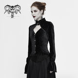 Gothic Stand Collar Crimped V Neck Sexy Ladies Velvet Shirt With Dovetail