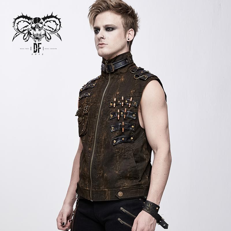 Brown Steampunk High Collar Lace Up Back Zipper Up Men Waistcoat With Pockets