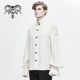 Steampunk Puff Sleeve High Collar Cotton And Linen Men White Shirts