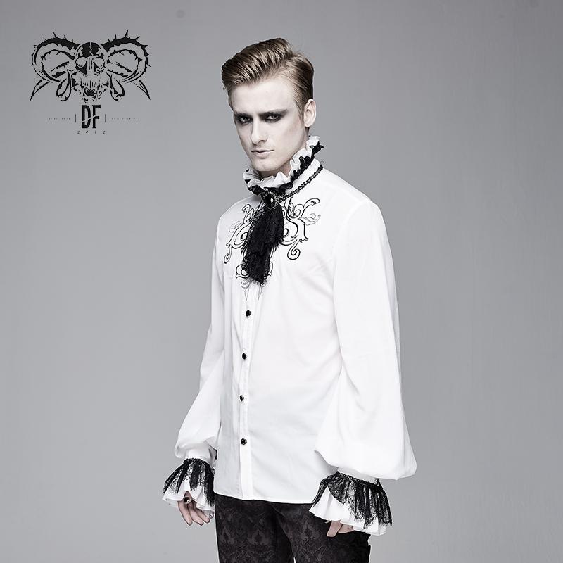 Punk Wedding Gothic Embroidered Long Sleeve Chiffon White Men Shirt With Necktie
