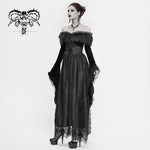 Gothic Off Shoulder Lace Pleated Sexy Women Formal Long Dress With Fur Collar