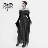 Gothic Off Shoulder Lace Pleated Sexy Women Formal Long Dress With Fur Collar