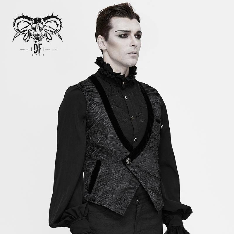 Gothic Wedding Bridegroom Napoleon Collar Pleated Asymmetrical Men Black Waistcoats