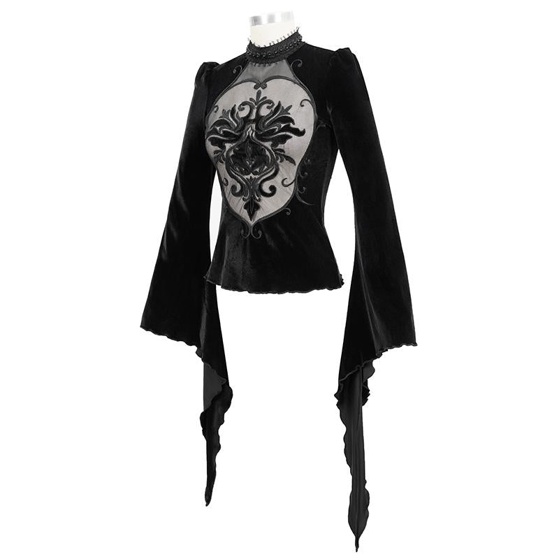 Ett022 Hollow Out Front Chest Big Embroidery Long Sleeves T Shirt