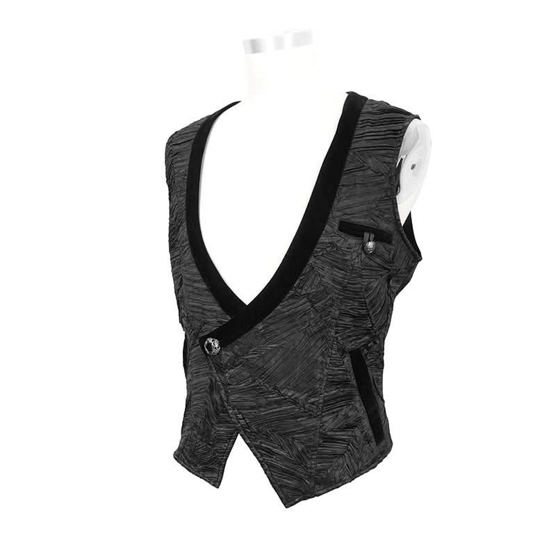 Gothic Wedding Bridegroom Napoleon Collar Pleated Asymmetrical Men Black Waistcoats