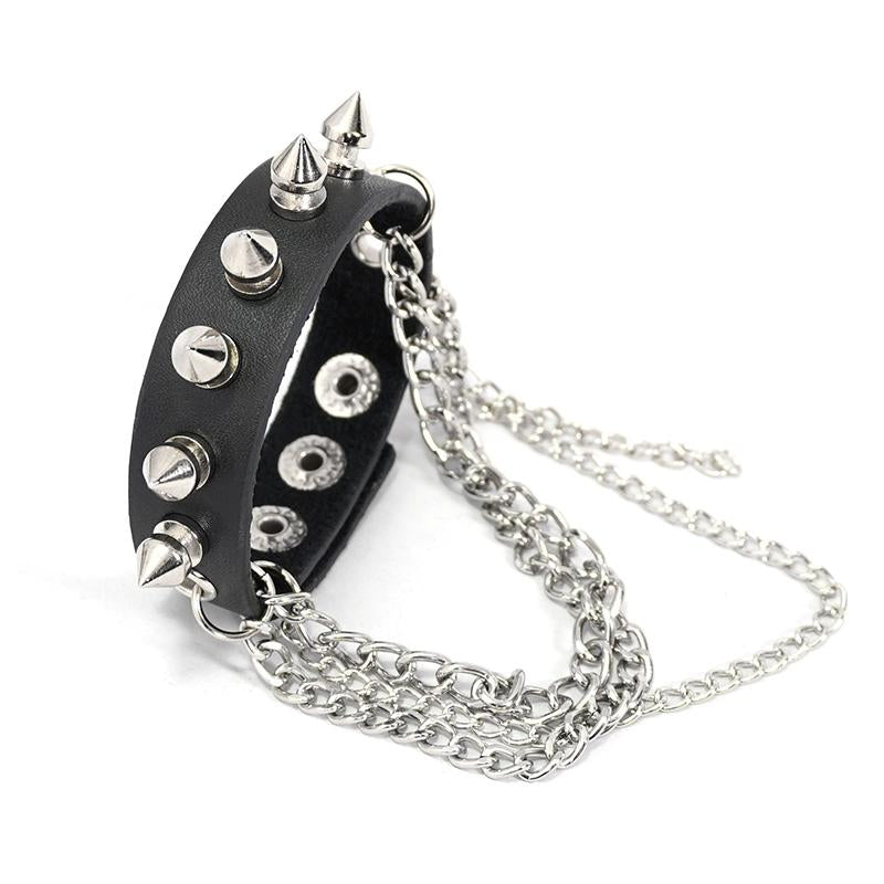 Punk Women Adjusted Size Spiked Leather Bracelet With Chains