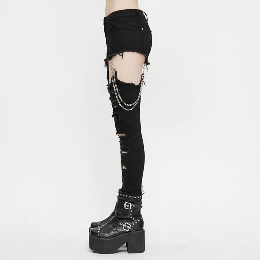 Punk Asymmetrical Spliced Broken Hole Women Worn Out Pants With Chains