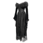 Gothic Off Shoulder Lace Pleated Sexy Women Formal Long Dress With Fur Collar