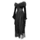 Gothic Off Shoulder Lace Pleated Sexy Women Formal Long Dress With Fur Collar