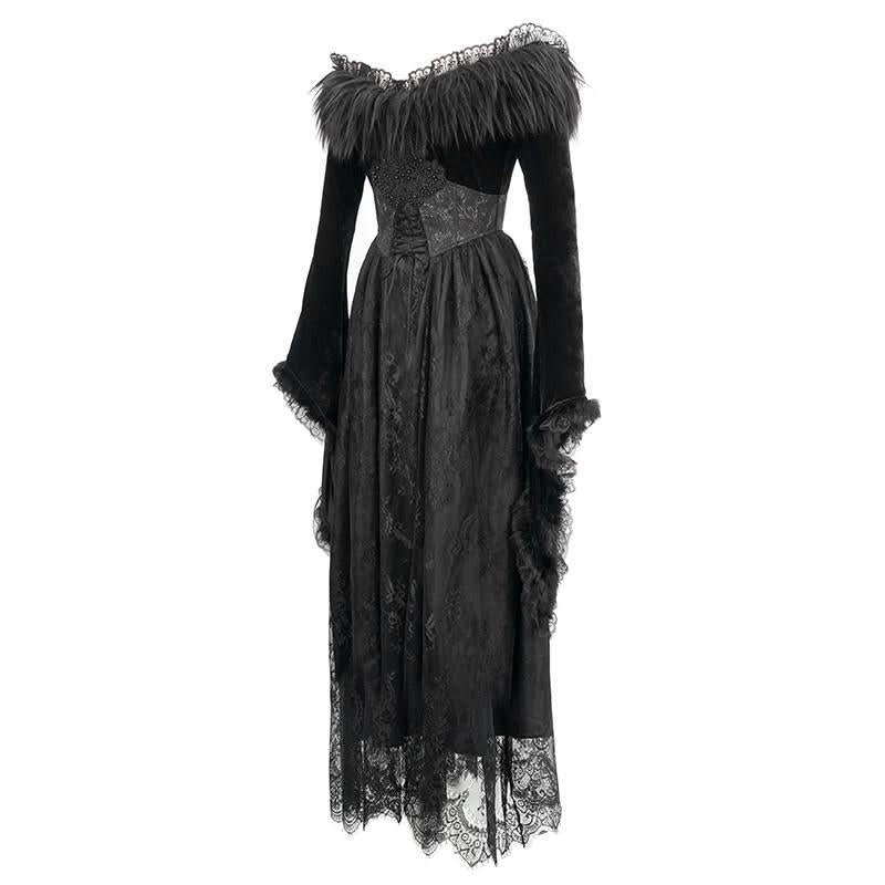 Gothic Off Shoulder Lace Pleated Sexy Women Formal Long Dress With Fur Collar