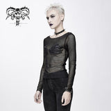 Punk Skeleton Palm Leather Embroidery Fetish Sexy Women Round Collar Mesh T Shirt