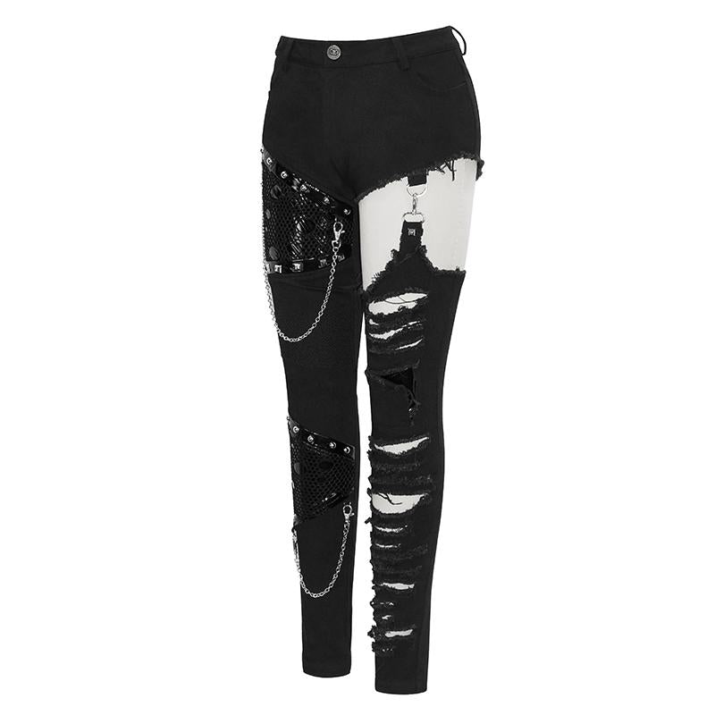 Punk Asymmetrical Spliced Broken Hole Women Worn Out Pants With Chains