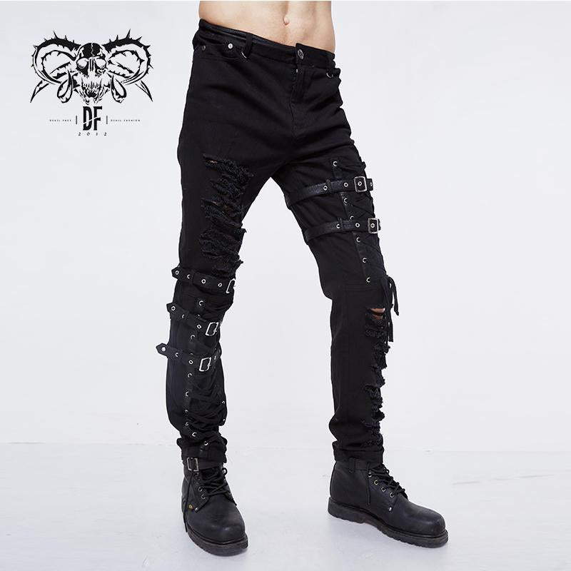 Asymmetric Loops Ragged Black Men Punk Rock Broken Holes Bandage Trousers