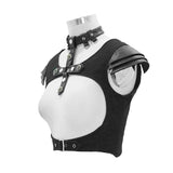 Cross Shaped Breast Armor Shoulder Punk Black Women Short Waistcoat With Chocker