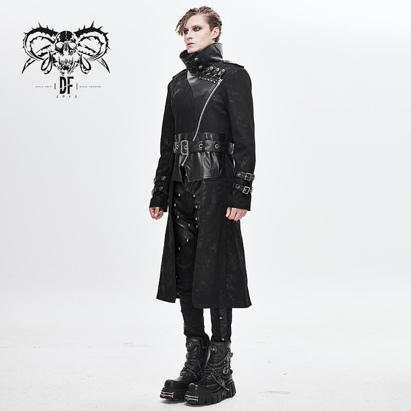Winter Military Uniform Open Collar Printed Punk Men Belted Long Coat With Bag