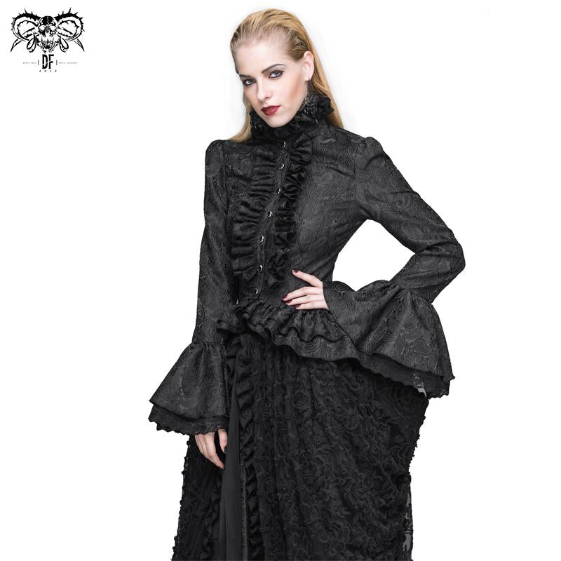 Women Short Front And Long Back Flared Sleeves Gothic Black Ruffled Lace Blouse
