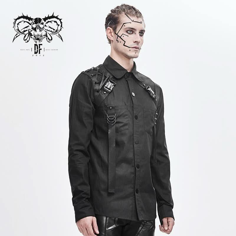 Cyberpunk Metallic Dark Long Sleeves Men Bamboo Shirt With Straps